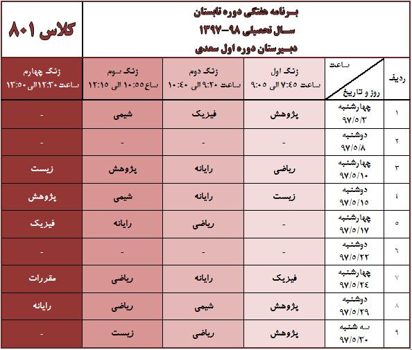 برنامه هفتگی جدید پایه هشتم (ویژه دوره تابستان) بروز شده در 10 مرداد ماه 1397